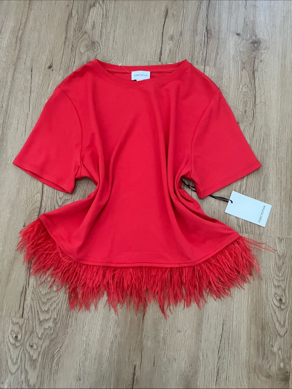 NWT For Cynthia Red Short-Sleeve Top with 100% Real Feather Hem